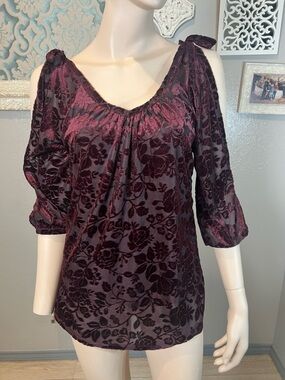 Neiman Marcus Floral Burnout Velvet Cold-Shoulder Top